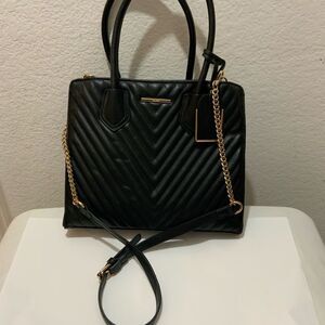 Aldo Womens Satchel Handbag Black Pockets Dual Handle Chain Zipper Faux Leather